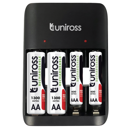 Зарядно за 4 акумулаторни батерии Uniross Value с 2 AA 1300 mAh и 2 AAA 600 mAh