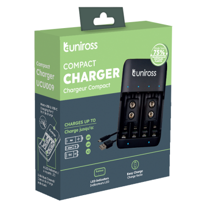 Зарядно за 4 акумулаторни батерии АА / ААА или 2 батерии 9V - Uniross Compact