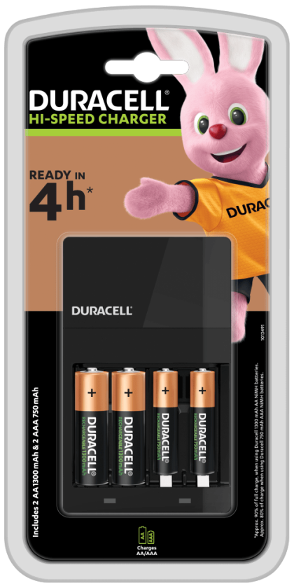 Зарядно за акумулаторни батерии DURACELL Hi-Speed с 2 x AA 1300 mAh и 2 x AAA 750 mAh ready in 4h